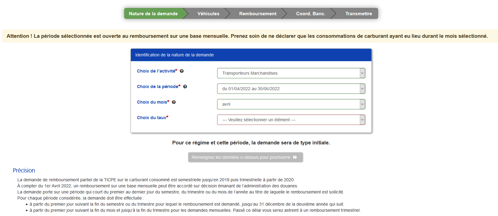 une capture d'écran montrant cette possibilité, après la sélection de la période trimestrielle, la sélection du mois devient visible.